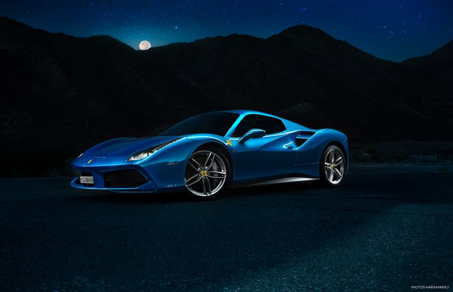 Ferrari, Ferrari 488 Spyder, Night, Moon, Mountains, Silhouette, HD, 2K, 4K